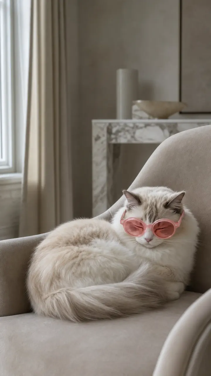 Cream Ragdoll cat curled up in pink Catelier glasses on a velvet chair