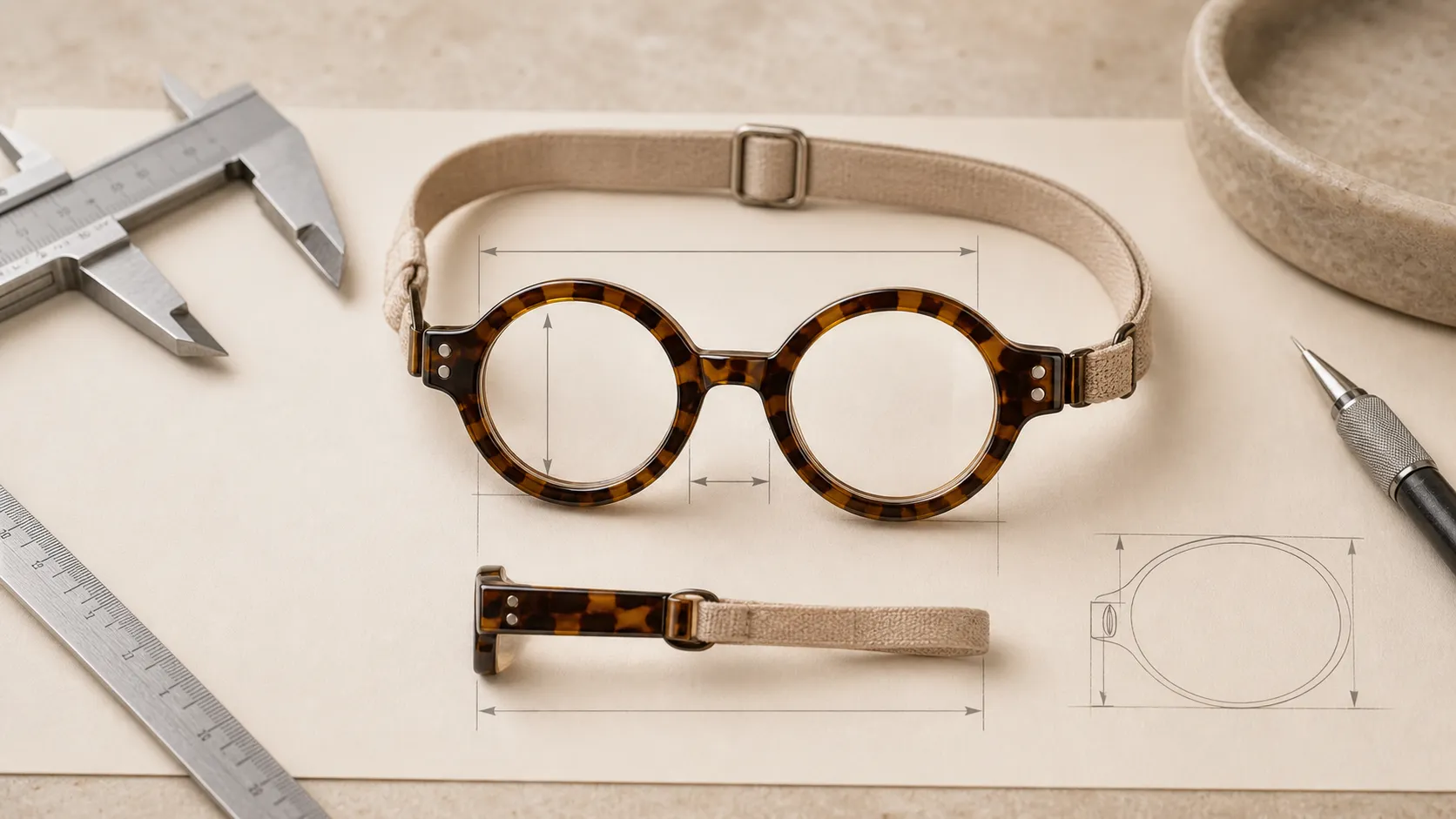 Catelier frame shown with measuring tools to indicate frame dimensions and fit details