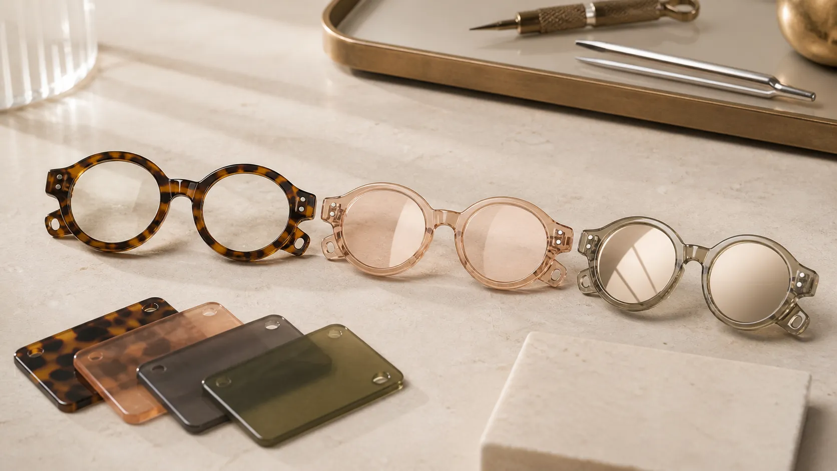Close-up of Catelier acrylic frame pieces and lens finish materials