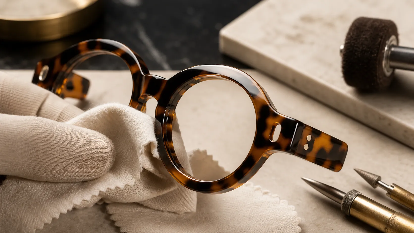 Close-up of a tortoiseshell acrylic Catelier frame edge being polished