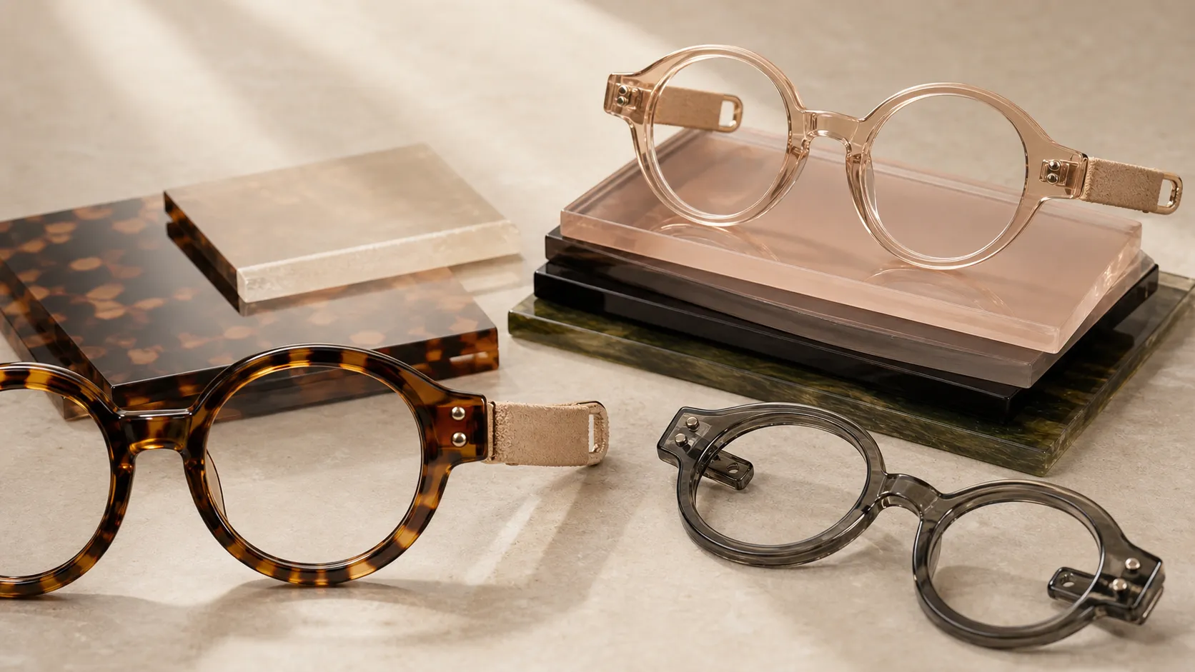 Close-up of premium tortoiseshell and champagne acrylic pieces for Catelier frames