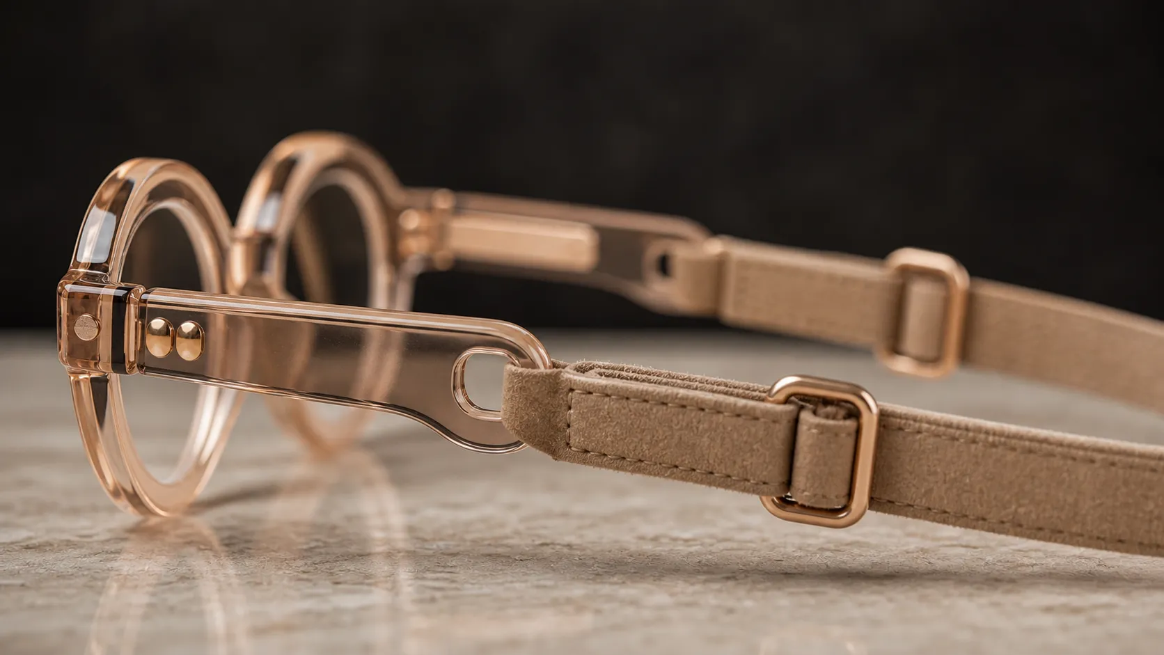 Close-up of Catelier eyewear strap stitching and rounded acrylic attachment point