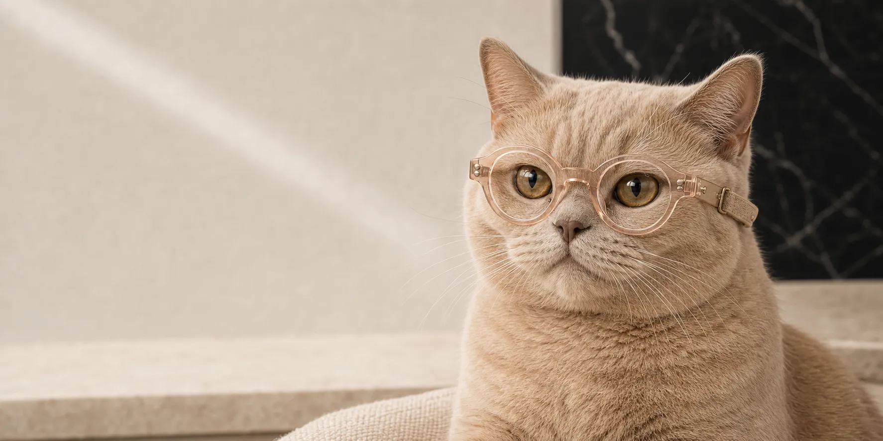 Fawn British Shorthair wearing champagne Catelier eyewear