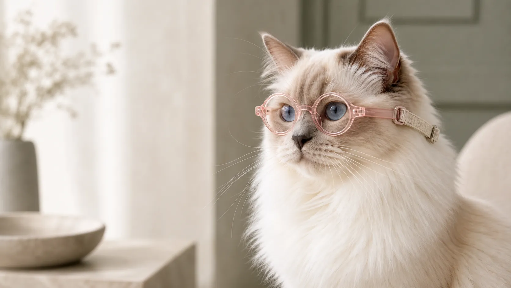 Cream-point Birman cat wearing blush Catelier eyewear