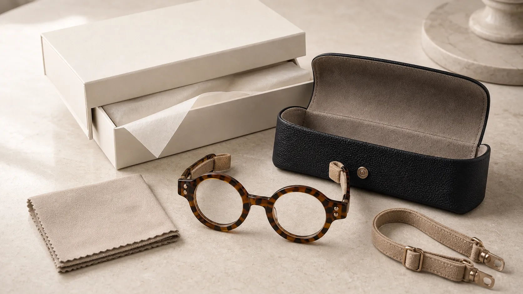 Catelier packaging with a presentation box, leather case, glasses and microfibre cleaning cloth