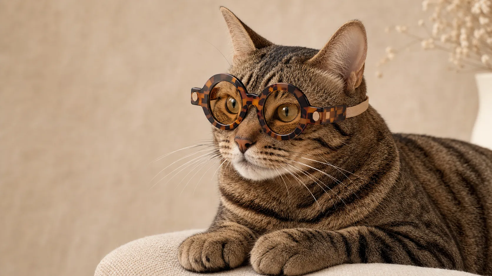 Tabby cat wearing Tortoise Classic Catelier eyewear