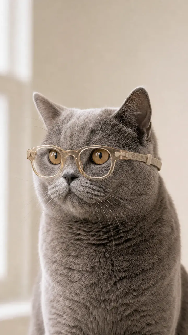 Grey British Shorthair cat wearing champagne round Catelier glasses