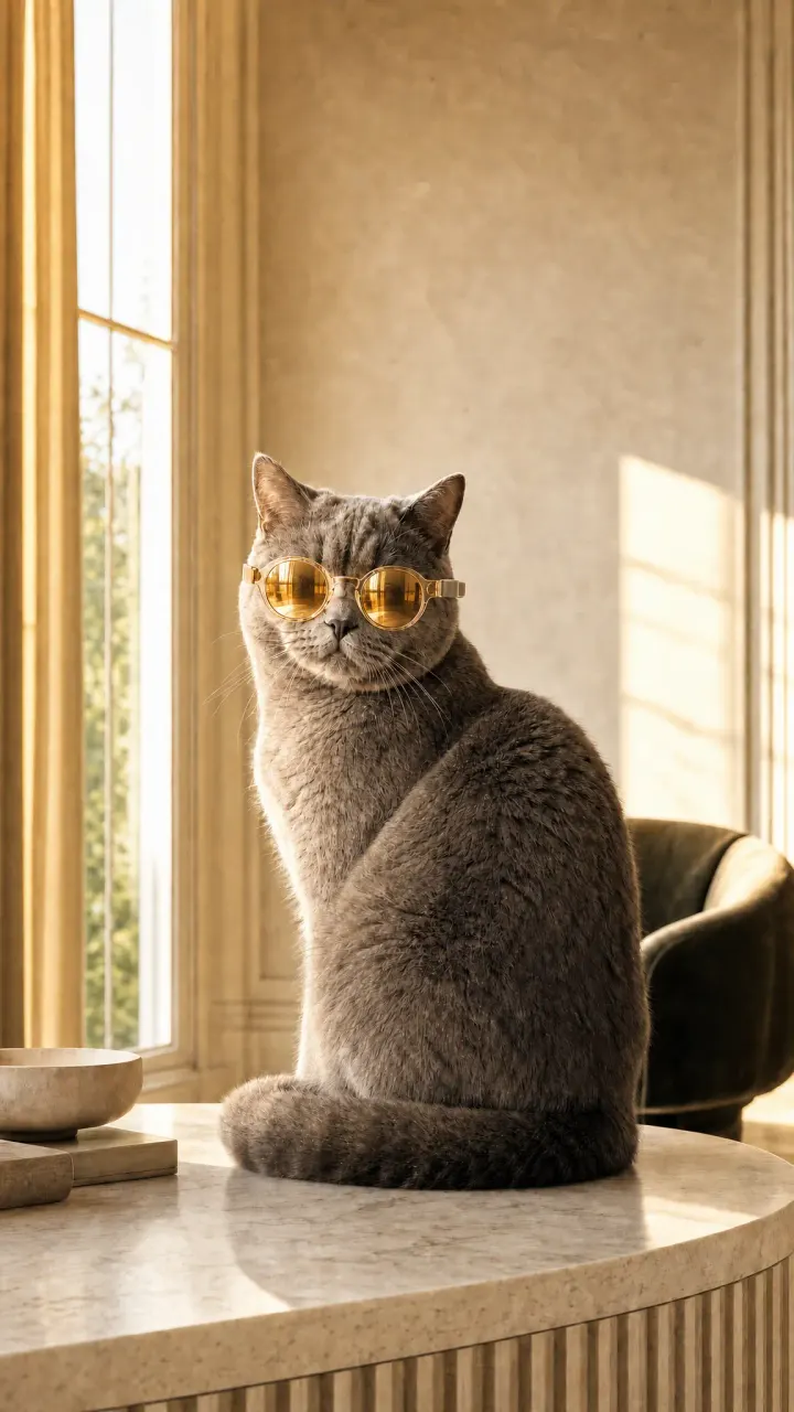 Grey British Shorthair cat in gold mirrored Catelier glasses on a marble table