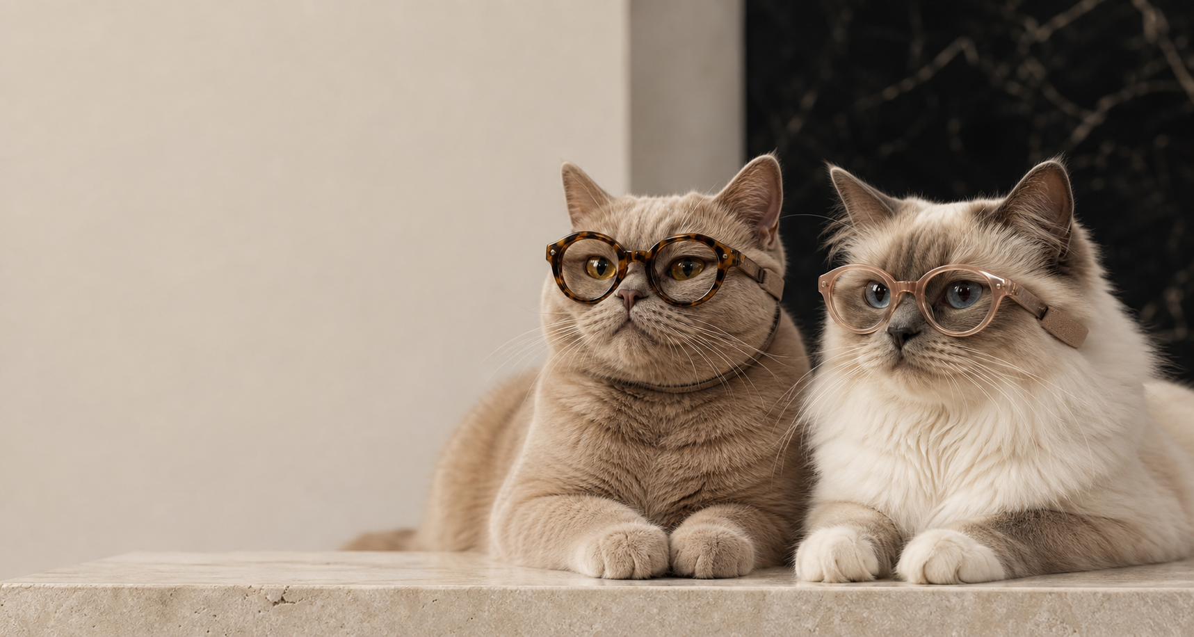 Fawn British Shorthair and Ragdoll cats wearing luxury Catelier eyewear