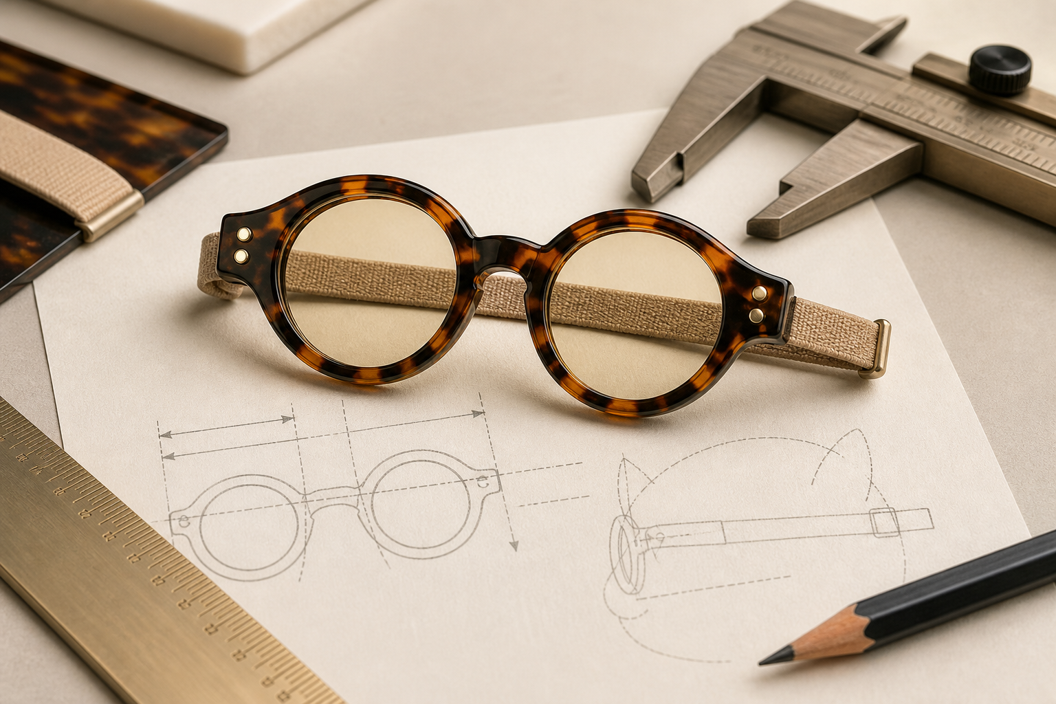 Catelier frame shown with measuring tools to indicate frame dimensions and fit details