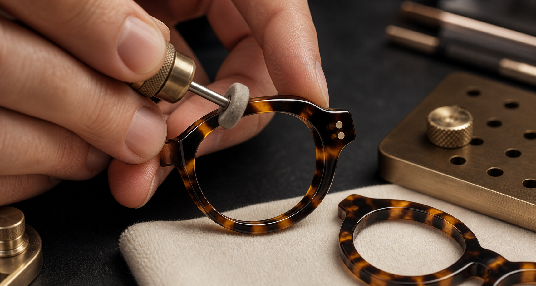 Close-up of a tortoiseshell acrylic Catelier frame edge being polished