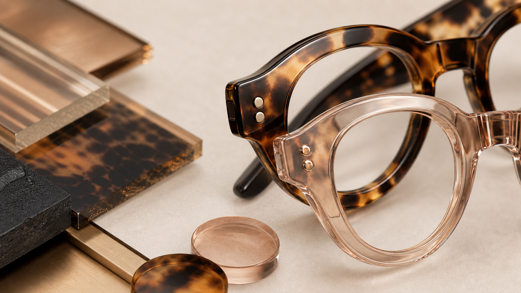 Close-up of premium tortoiseshell and champagne acrylic pieces for Catelier frames