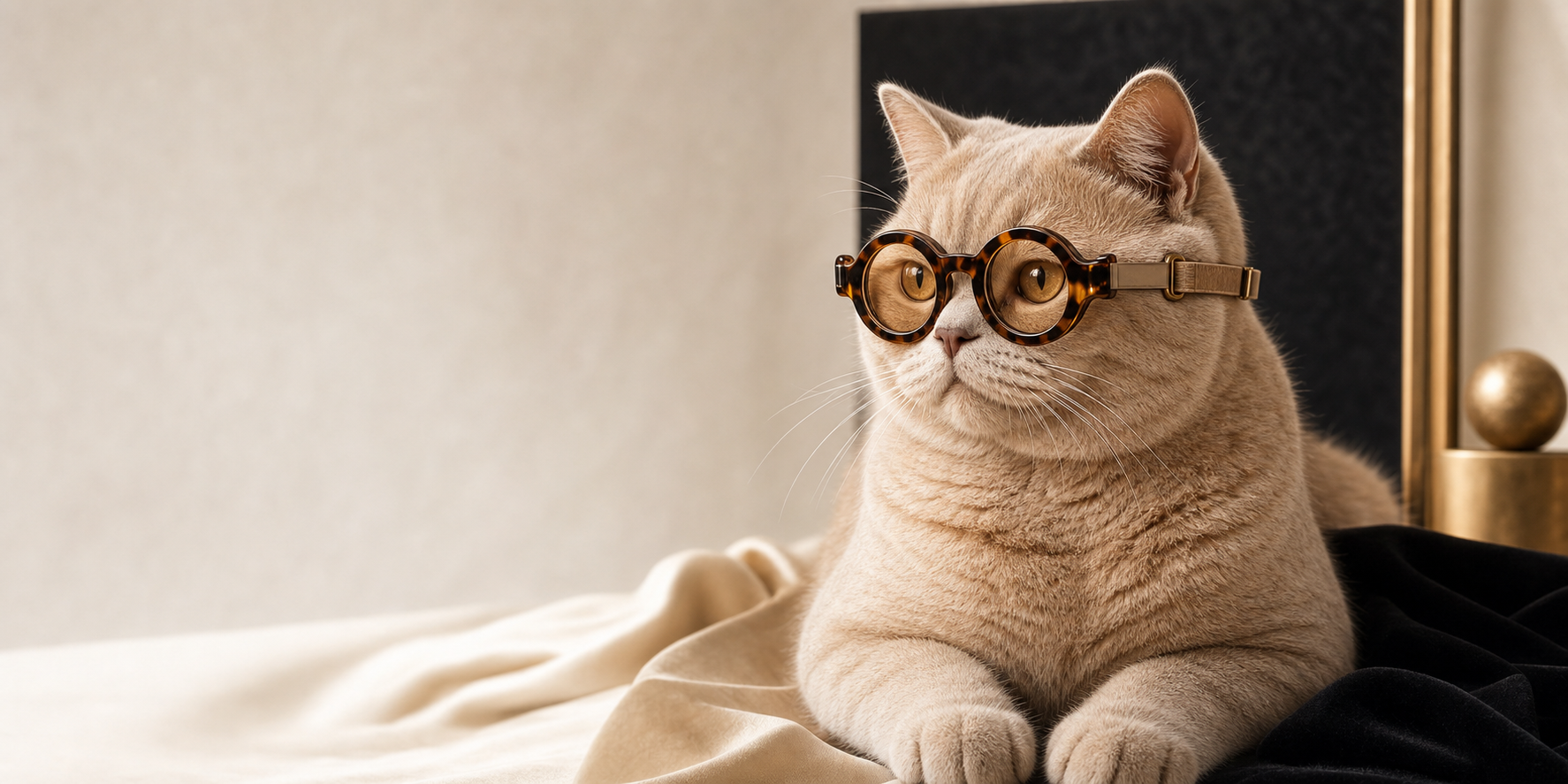 Fawn British Shorthair wearing champagne Catelier eyewear