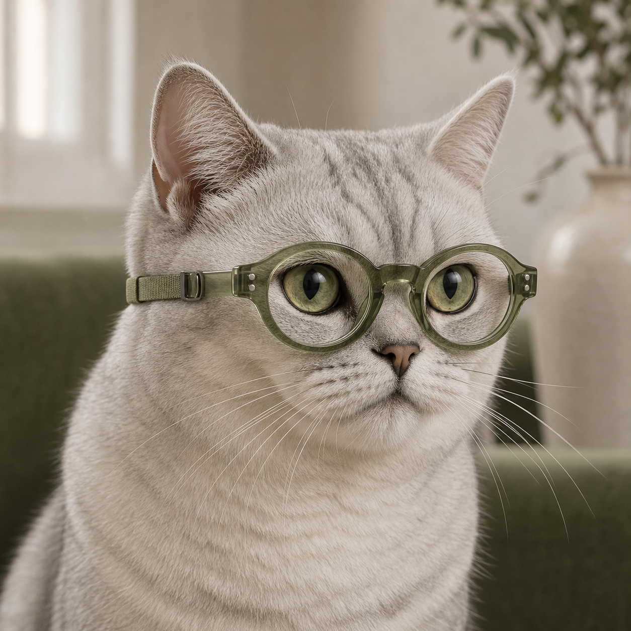 Cat wearing translucent olive Catelier concept eyewear